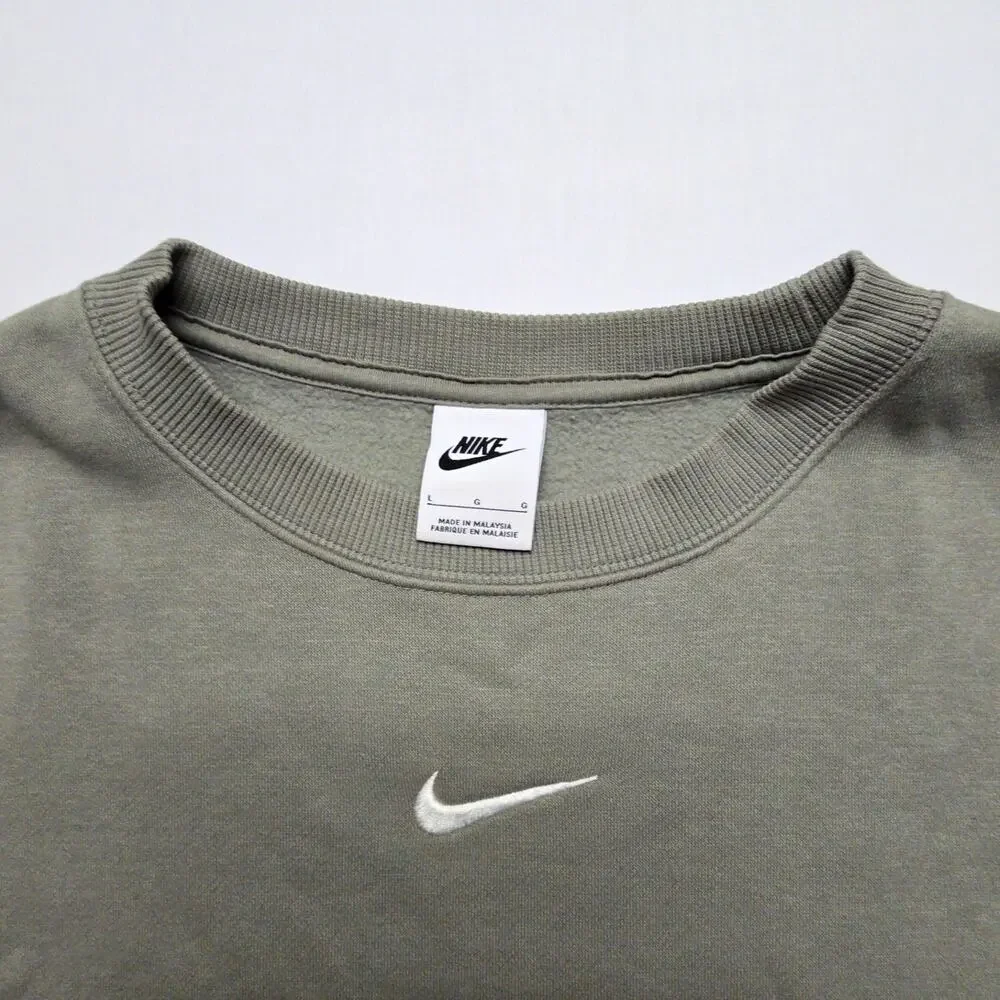 Nike Crew Neck Cropped Sweatshirt Olive Green Womens L Oversized Pullover Casual